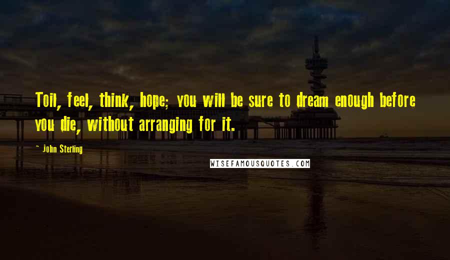 John Sterling Quotes: Toil, feel, think, hope; you will be sure to dream enough before you die, without arranging for it.