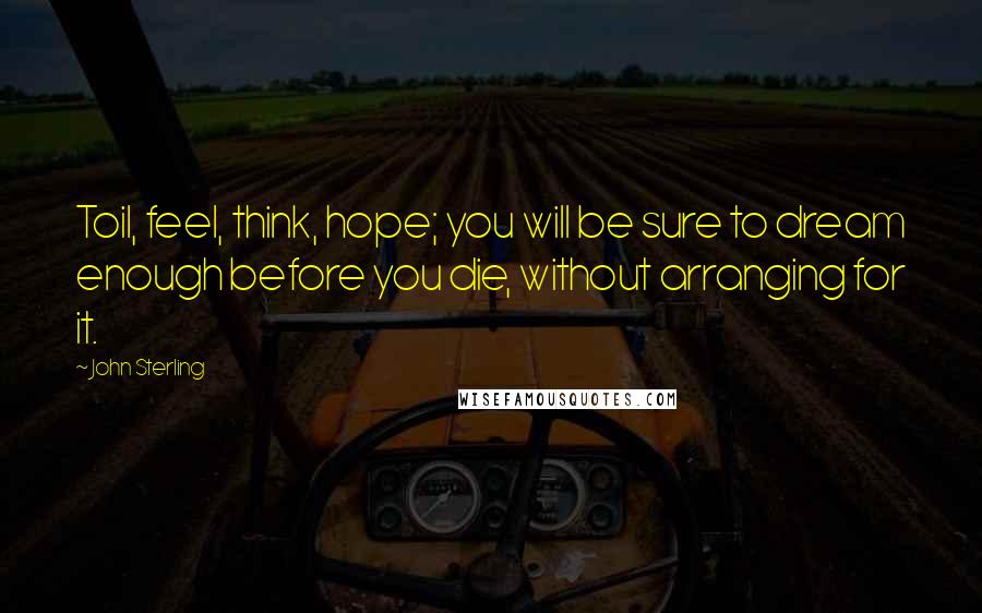John Sterling Quotes: Toil, feel, think, hope; you will be sure to dream enough before you die, without arranging for it.