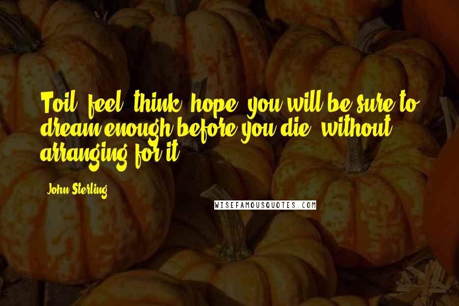 John Sterling Quotes: Toil, feel, think, hope; you will be sure to dream enough before you die, without arranging for it.