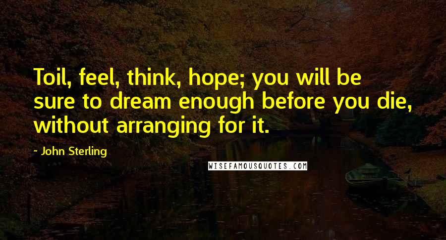 John Sterling Quotes: Toil, feel, think, hope; you will be sure to dream enough before you die, without arranging for it.