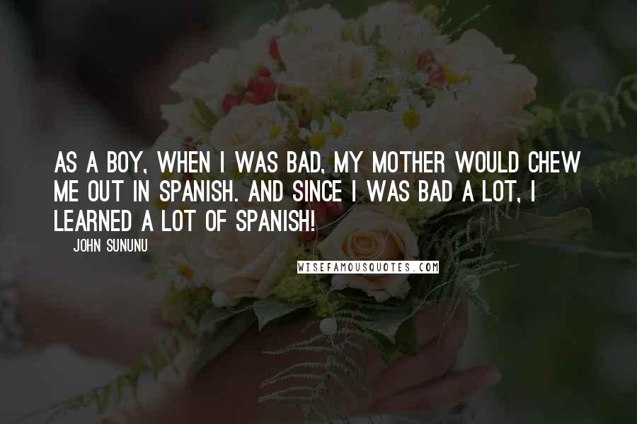 John Sununu Quotes: As a boy, when I was bad, my mother would chew me out in Spanish. And since I was bad a lot, I learned a lot of Spanish!