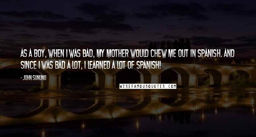John Sununu Quotes: As a boy, when I was bad, my mother would chew me out in Spanish. And since I was bad a lot, I learned a lot of Spanish!
