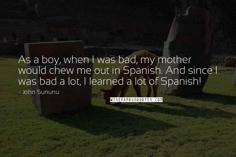 John Sununu Quotes: As a boy, when I was bad, my mother would chew me out in Spanish. And since I was bad a lot, I learned a lot of Spanish!
