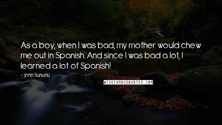 John Sununu Quotes: As a boy, when I was bad, my mother would chew me out in Spanish. And since I was bad a lot, I learned a lot of Spanish!