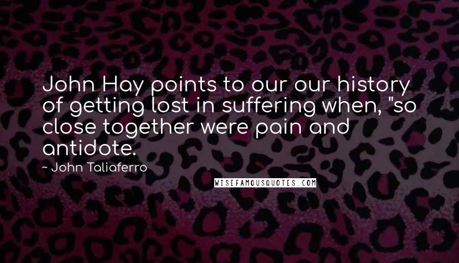 John Taliaferro Quotes: John Hay points to our our history of getting lost in suffering when, "so close together were pain and antidote.