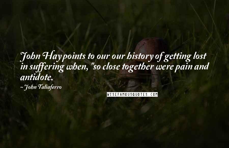 John Taliaferro Quotes: John Hay points to our our history of getting lost in suffering when, "so close together were pain and antidote.