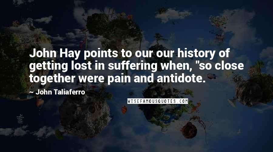 John Taliaferro Quotes: John Hay points to our our history of getting lost in suffering when, "so close together were pain and antidote.