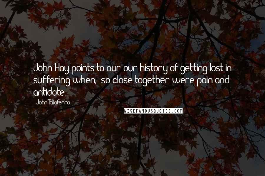 John Taliaferro Quotes: John Hay points to our our history of getting lost in suffering when, "so close together were pain and antidote.