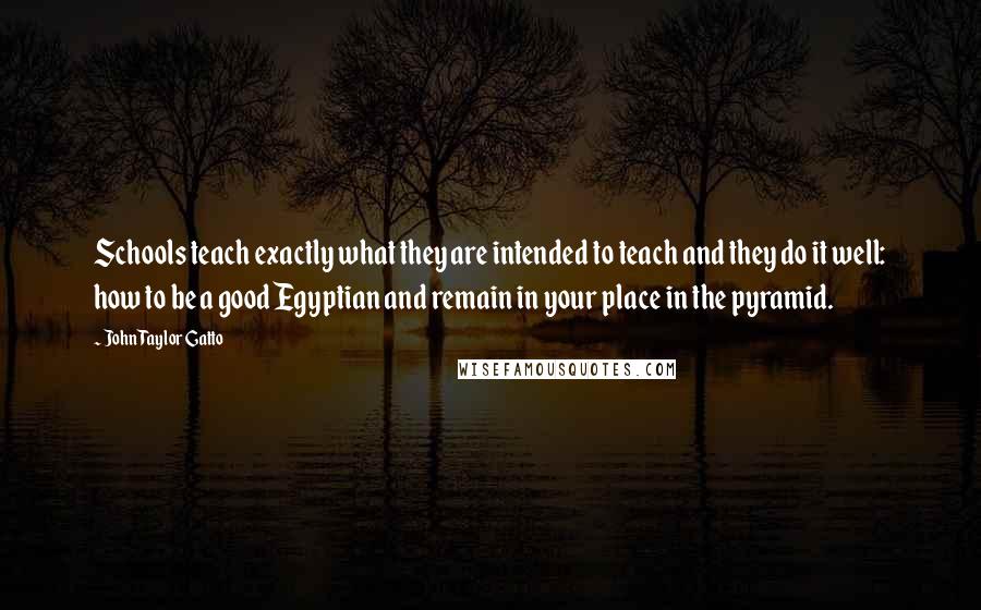 John Taylor Gatto Quotes: Schools teach exactly what they are intended to teach and they do it well: how to be a good Egyptian and remain in your place in the pyramid.