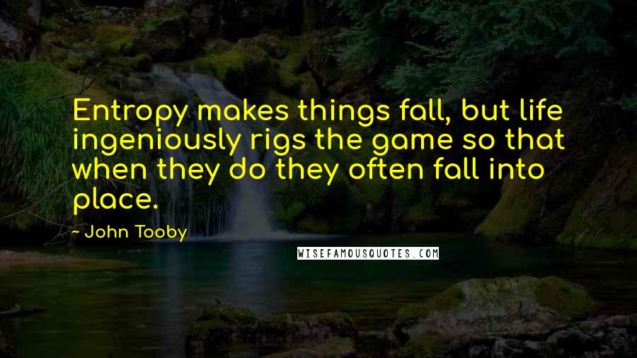 John Tooby Quotes: Entropy makes things fall, but life ingeniously rigs the game so that when they do they often fall into place.