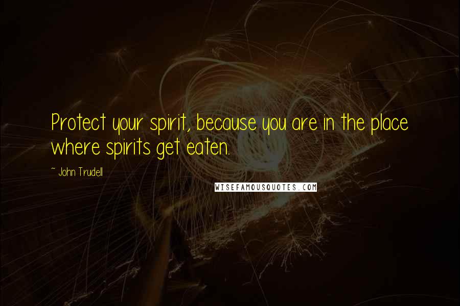 John Trudell Quotes: Protect your spirit, because you are in the place where spirits get eaten.