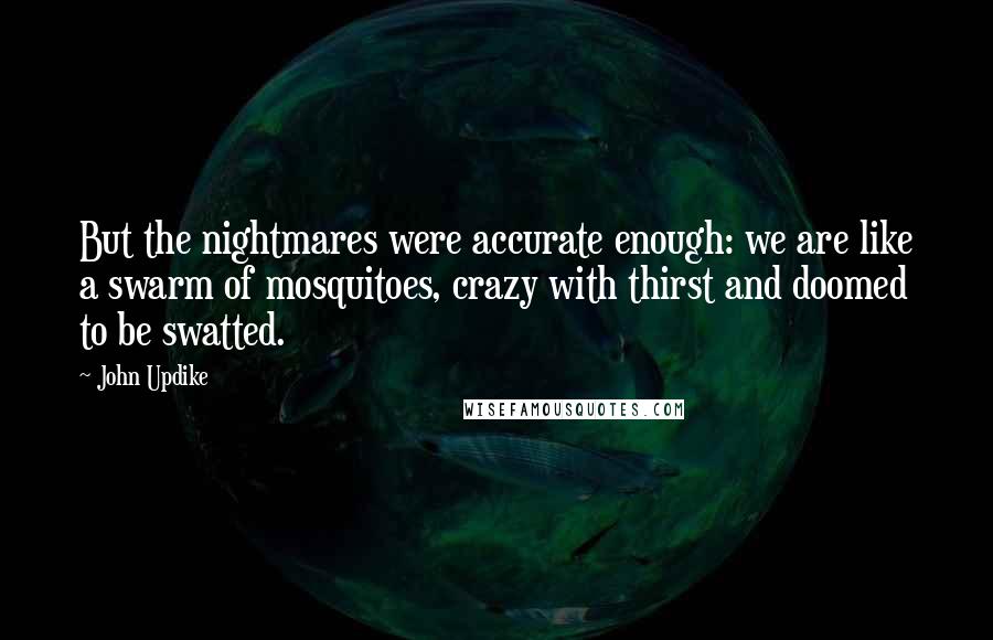 John Updike Quotes: But the nightmares were accurate enough: we are like a swarm of mosquitoes, crazy with thirst and doomed to be swatted.