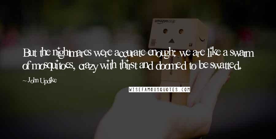 John Updike Quotes: But the nightmares were accurate enough: we are like a swarm of mosquitoes, crazy with thirst and doomed to be swatted.