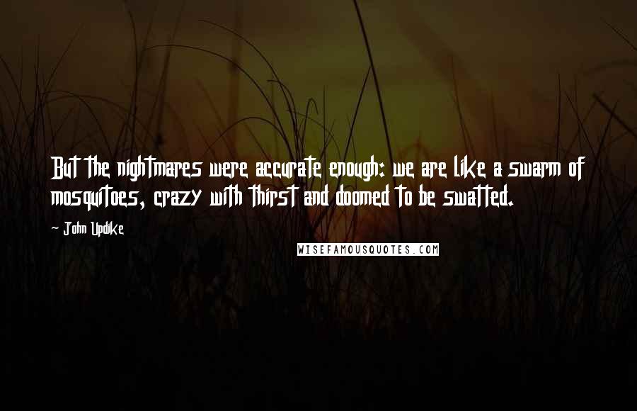 John Updike Quotes: But the nightmares were accurate enough: we are like a swarm of mosquitoes, crazy with thirst and doomed to be swatted.