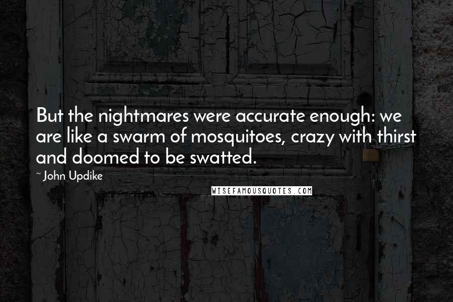 John Updike Quotes: But the nightmares were accurate enough: we are like a swarm of mosquitoes, crazy with thirst and doomed to be swatted.