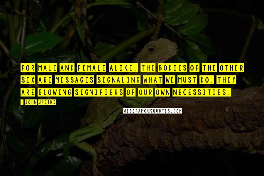 John Updike Quotes: For male and female alike, the bodies of the other sex are messages signaling what we must do, they are glowing signifiers of our own necessities.