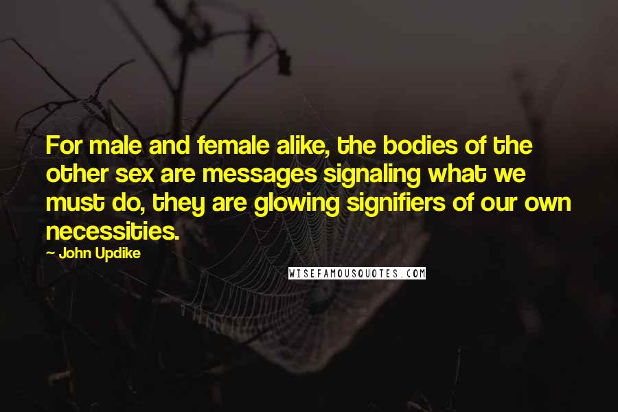 John Updike Quotes: For male and female alike, the bodies of the other sex are messages signaling what we must do, they are glowing signifiers of our own necessities.