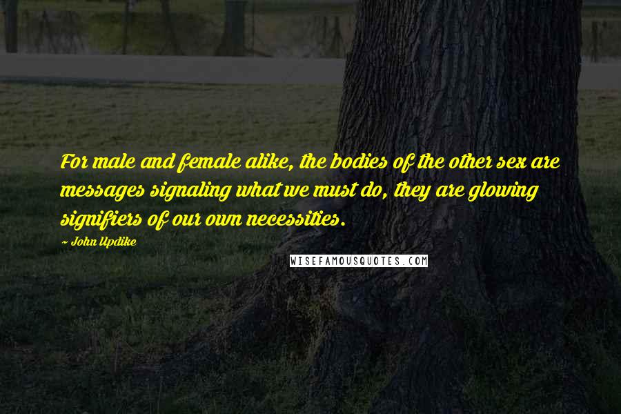 John Updike Quotes: For male and female alike, the bodies of the other sex are messages signaling what we must do, they are glowing signifiers of our own necessities.