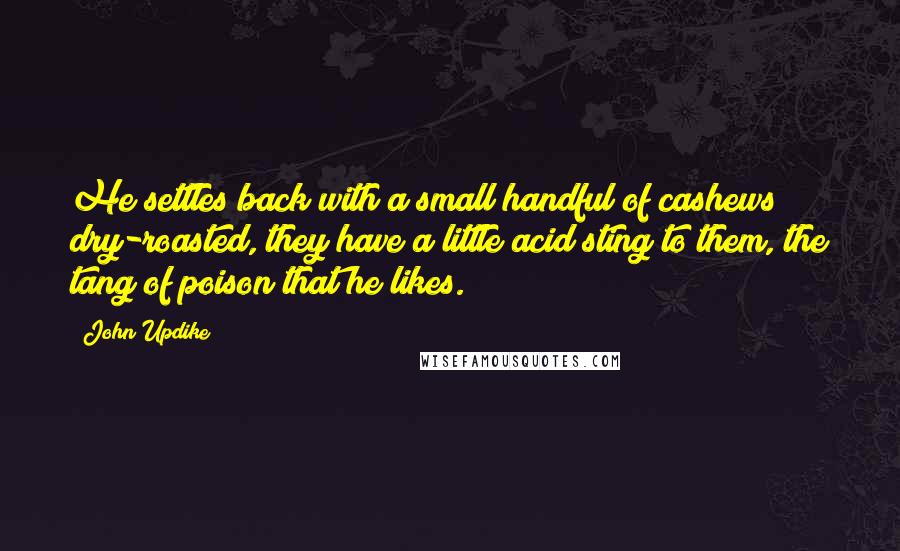 John Updike Quotes: He settles back with a small handful of cashews; dry-roasted, they have a little acid sting to them, the tang of poison that he likes.