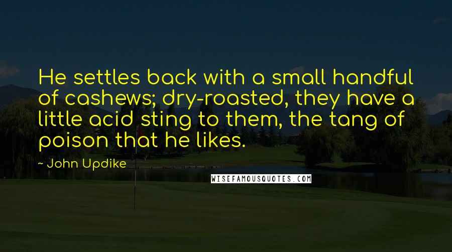 John Updike Quotes: He settles back with a small handful of cashews; dry-roasted, they have a little acid sting to them, the tang of poison that he likes.