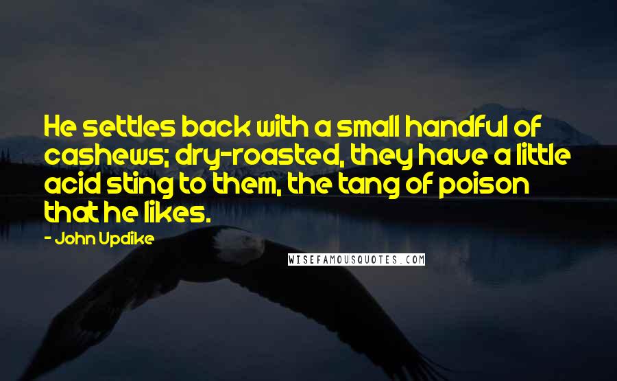 John Updike Quotes: He settles back with a small handful of cashews; dry-roasted, they have a little acid sting to them, the tang of poison that he likes.