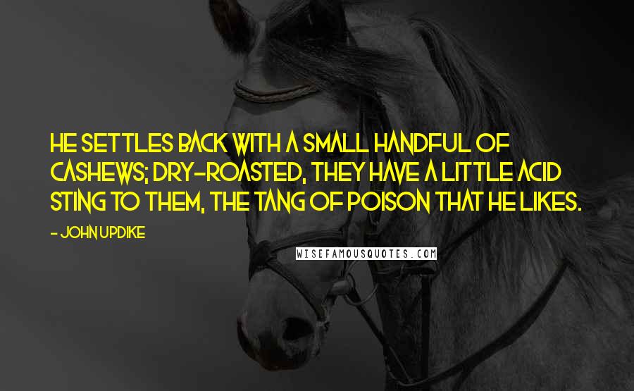 John Updike Quotes: He settles back with a small handful of cashews; dry-roasted, they have a little acid sting to them, the tang of poison that he likes.