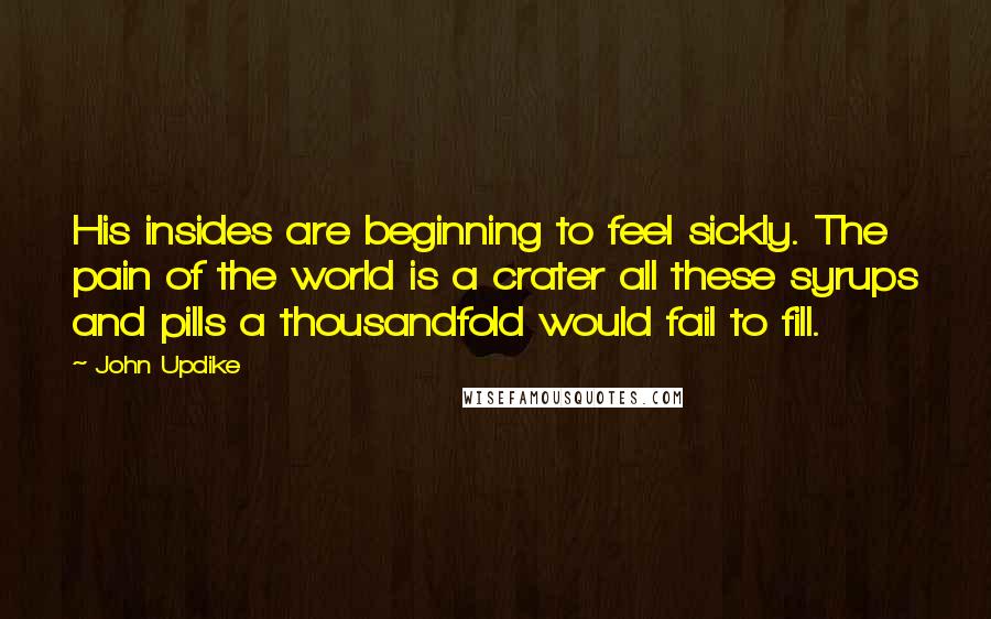 John Updike Quotes: His insides are beginning to feel sickly. The pain of the world is a crater all these syrups and pills a thousandfold would fail to fill.