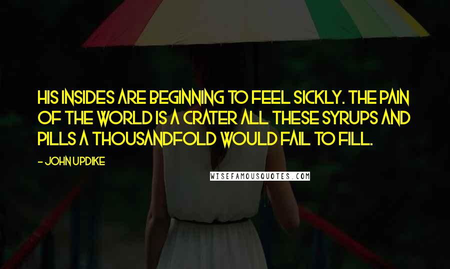 John Updike Quotes: His insides are beginning to feel sickly. The pain of the world is a crater all these syrups and pills a thousandfold would fail to fill.