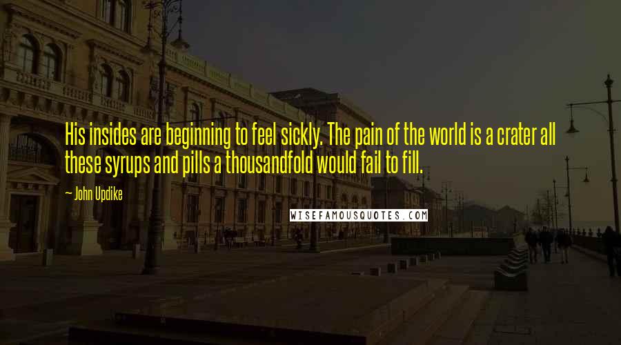 John Updike Quotes: His insides are beginning to feel sickly. The pain of the world is a crater all these syrups and pills a thousandfold would fail to fill.