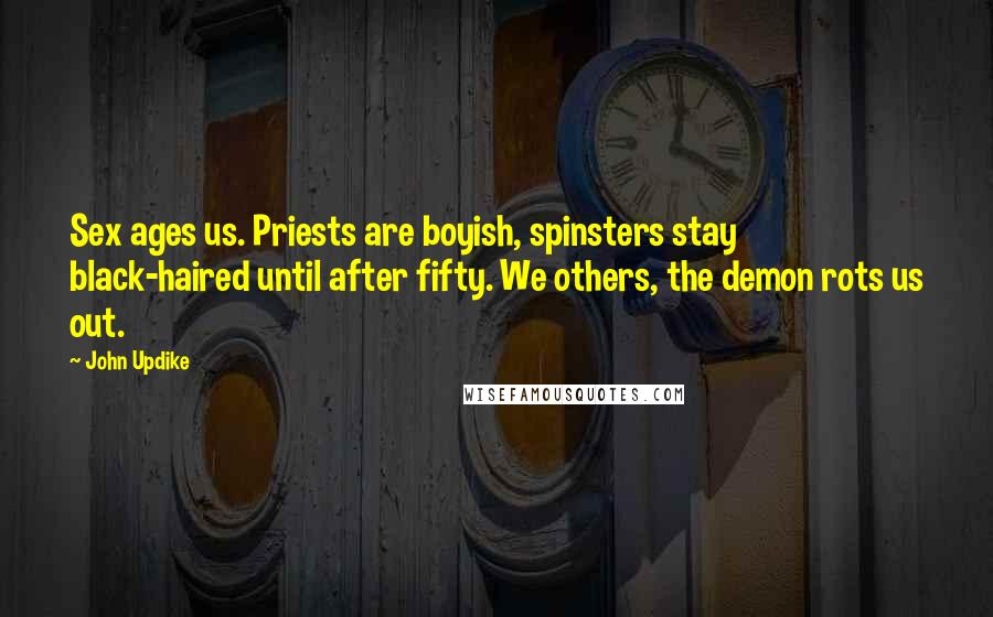 John Updike Quotes: Sex ages us. Priests are boyish, spinsters stay black-haired until after fifty. We others, the demon rots us out.