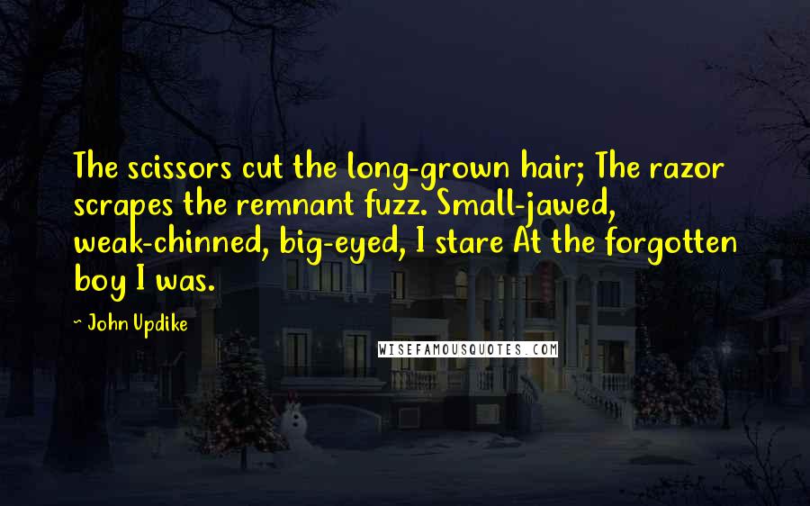 John Updike Quotes: The scissors cut the long-grown hair; The razor scrapes the remnant fuzz. Small-jawed, weak-chinned, big-eyed, I stare At the forgotten boy I was.