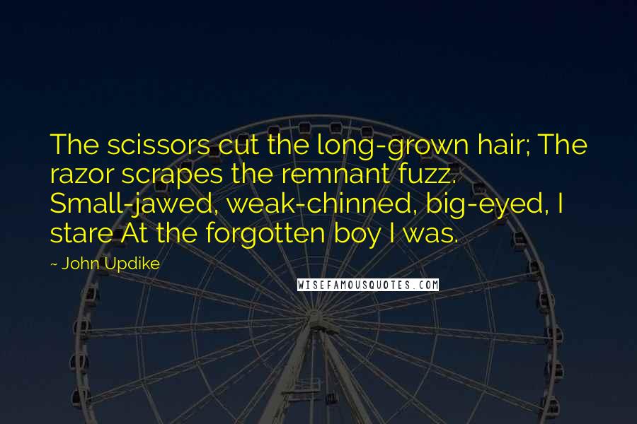 John Updike Quotes: The scissors cut the long-grown hair; The razor scrapes the remnant fuzz. Small-jawed, weak-chinned, big-eyed, I stare At the forgotten boy I was.