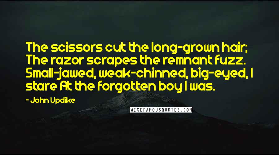 John Updike Quotes: The scissors cut the long-grown hair; The razor scrapes the remnant fuzz. Small-jawed, weak-chinned, big-eyed, I stare At the forgotten boy I was.
