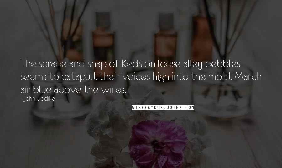 John Updike Quotes: The scrape and snap of Keds on loose alley pebbles seems to catapult their voices high into the moist March air blue above the wires.