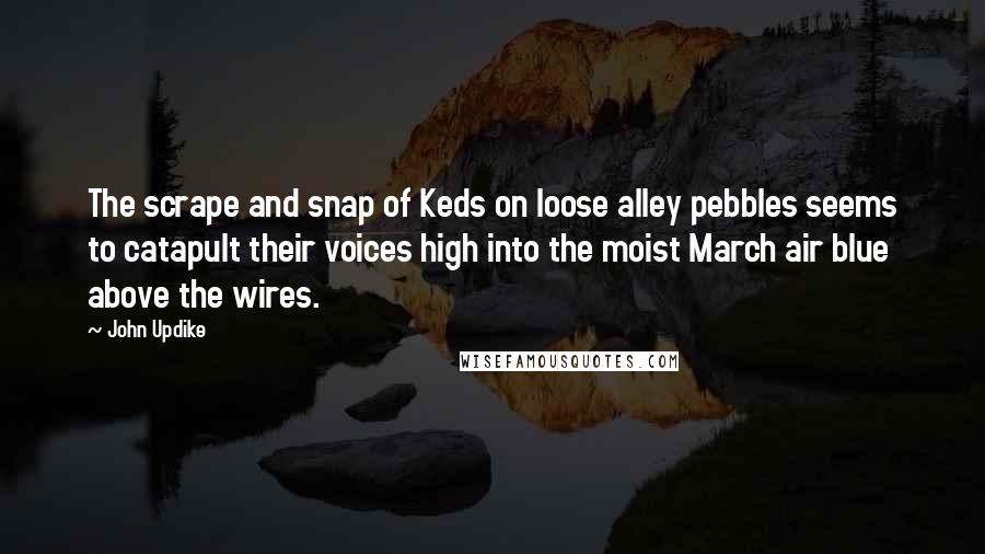 John Updike Quotes: The scrape and snap of Keds on loose alley pebbles seems to catapult their voices high into the moist March air blue above the wires.