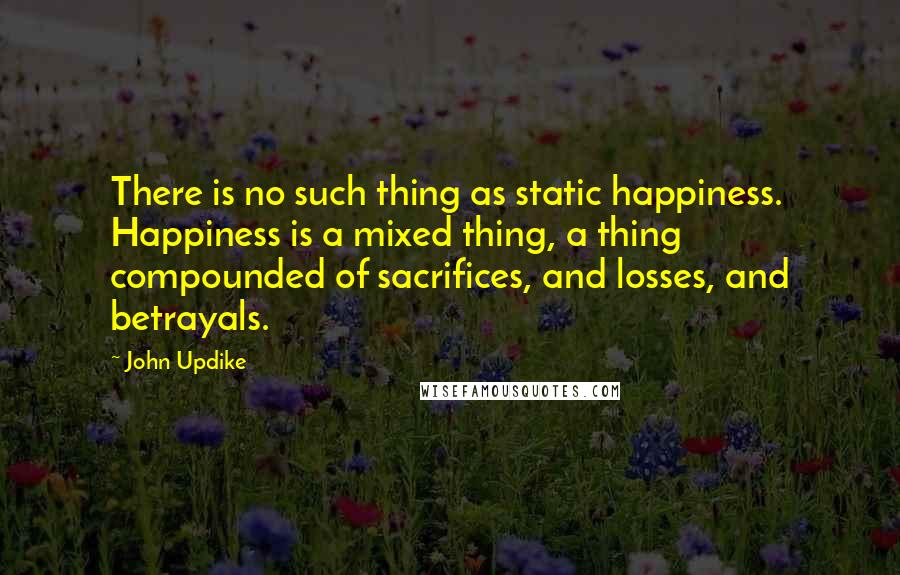 John Updike Quotes: There is no such thing as static happiness. Happiness is a mixed thing, a thing compounded of sacrifices, and losses, and betrayals.