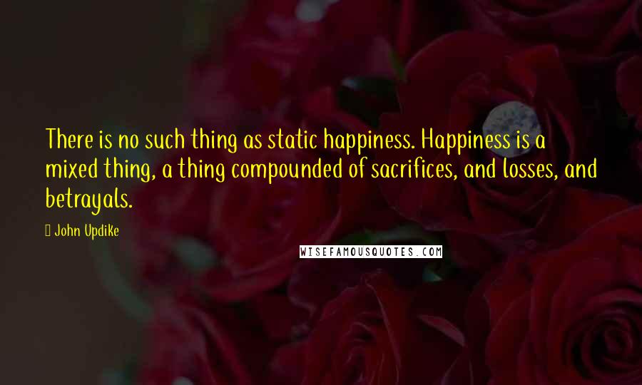 John Updike Quotes: There is no such thing as static happiness. Happiness is a mixed thing, a thing compounded of sacrifices, and losses, and betrayals.