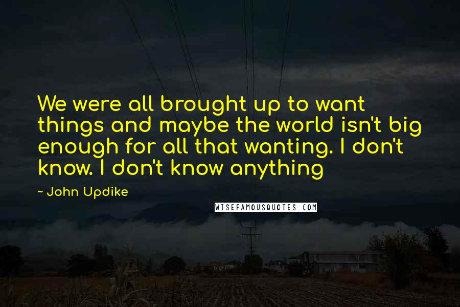 John Updike Quotes: We were all brought up to want things and maybe the world isn't big enough for all that wanting. I don't know. I don't know anything