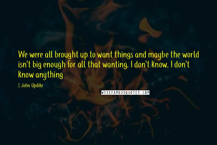 John Updike Quotes: We were all brought up to want things and maybe the world isn't big enough for all that wanting. I don't know. I don't know anything