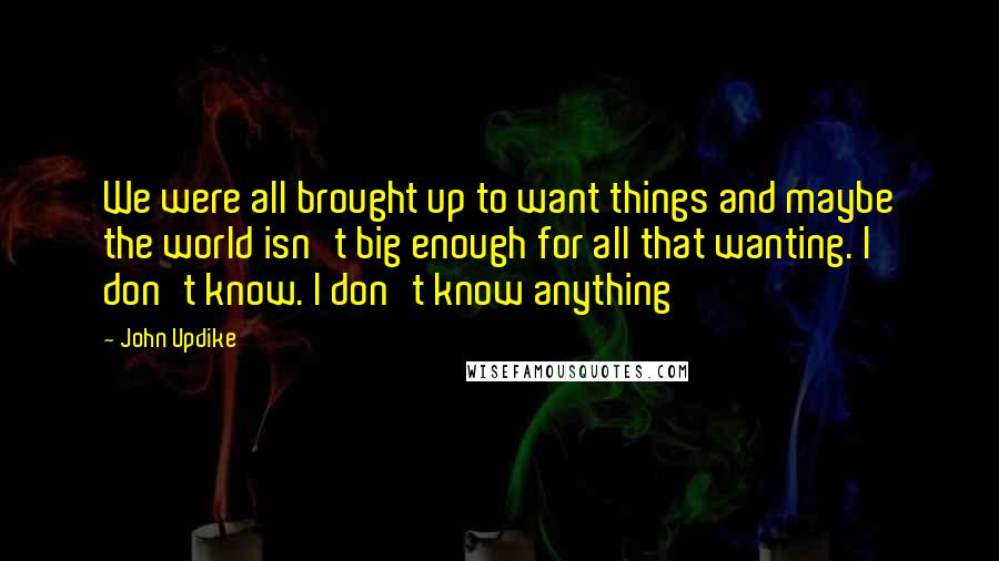 John Updike Quotes: We were all brought up to want things and maybe the world isn't big enough for all that wanting. I don't know. I don't know anything