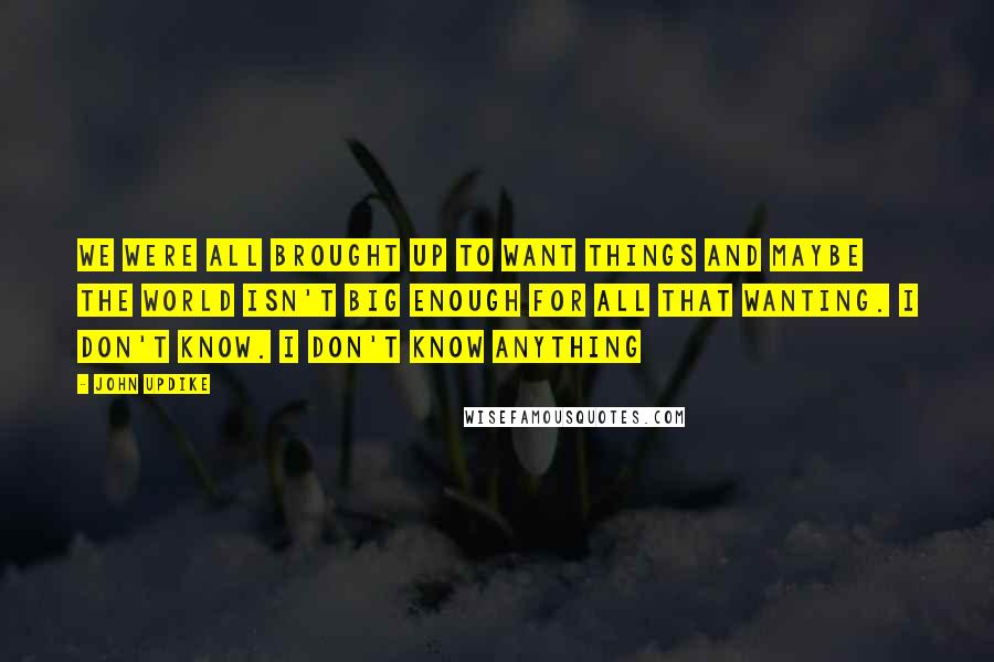 John Updike Quotes: We were all brought up to want things and maybe the world isn't big enough for all that wanting. I don't know. I don't know anything