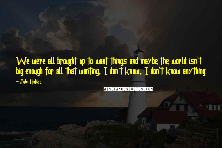 John Updike Quotes: We were all brought up to want things and maybe the world isn't big enough for all that wanting. I don't know. I don't know anything