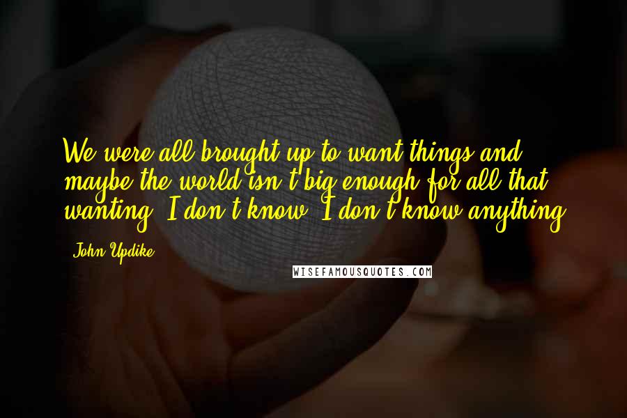 John Updike Quotes: We were all brought up to want things and maybe the world isn't big enough for all that wanting. I don't know. I don't know anything