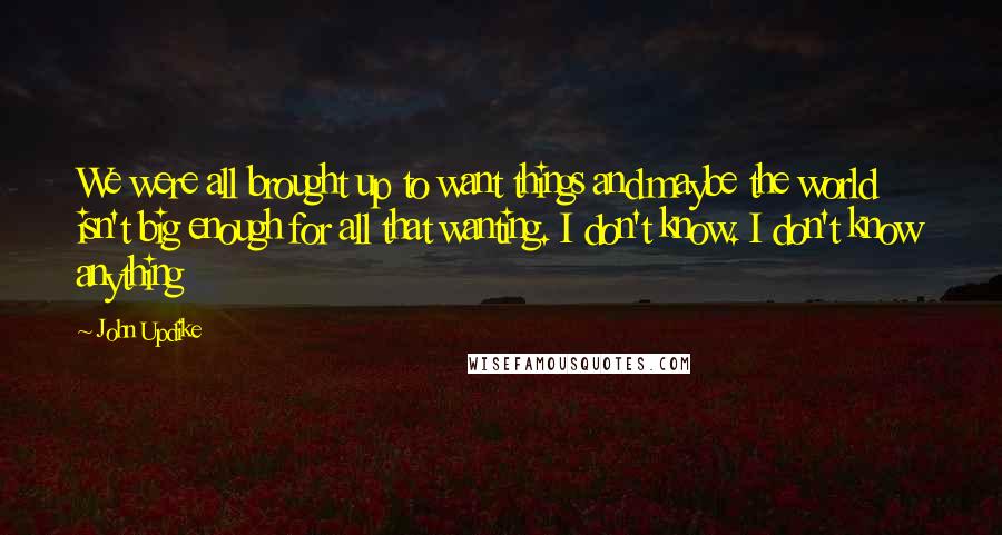 John Updike Quotes: We were all brought up to want things and maybe the world isn't big enough for all that wanting. I don't know. I don't know anything