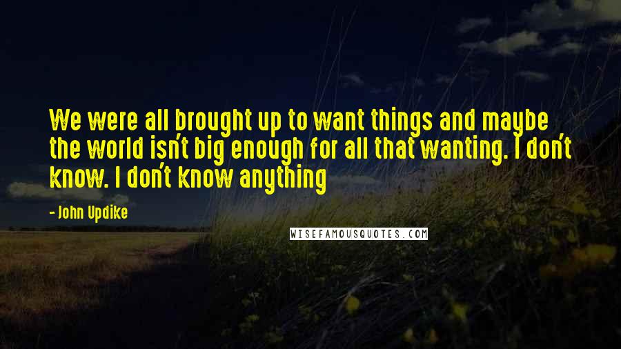 John Updike Quotes: We were all brought up to want things and maybe the world isn't big enough for all that wanting. I don't know. I don't know anything