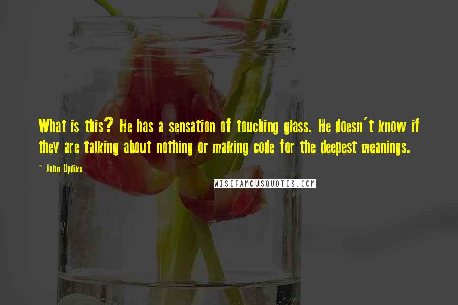 John Updike Quotes: What is this? He has a sensation of touching glass. He doesn't know if they are talking about nothing or making code for the deepest meanings.