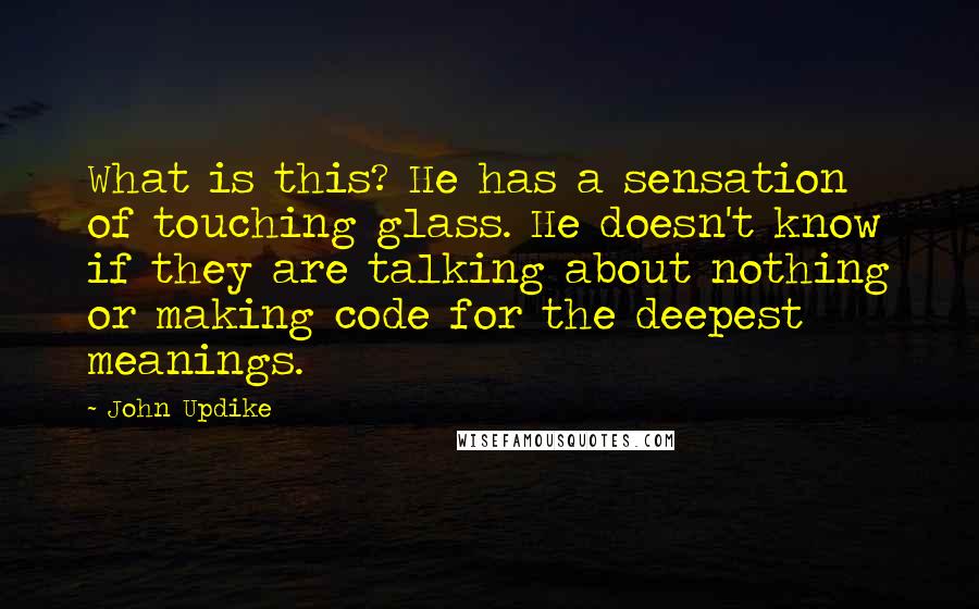 John Updike Quotes: What is this? He has a sensation of touching glass. He doesn't know if they are talking about nothing or making code for the deepest meanings.