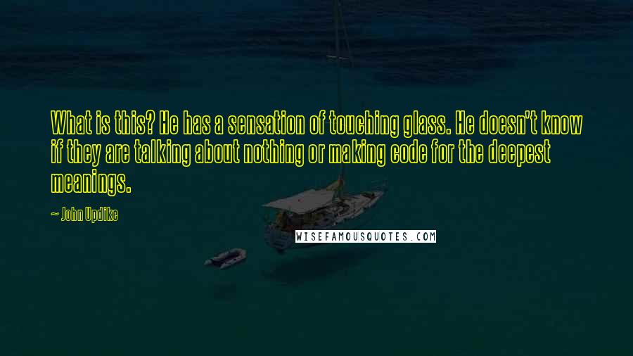 John Updike Quotes: What is this? He has a sensation of touching glass. He doesn't know if they are talking about nothing or making code for the deepest meanings.