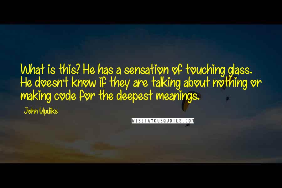 John Updike Quotes: What is this? He has a sensation of touching glass. He doesn't know if they are talking about nothing or making code for the deepest meanings.