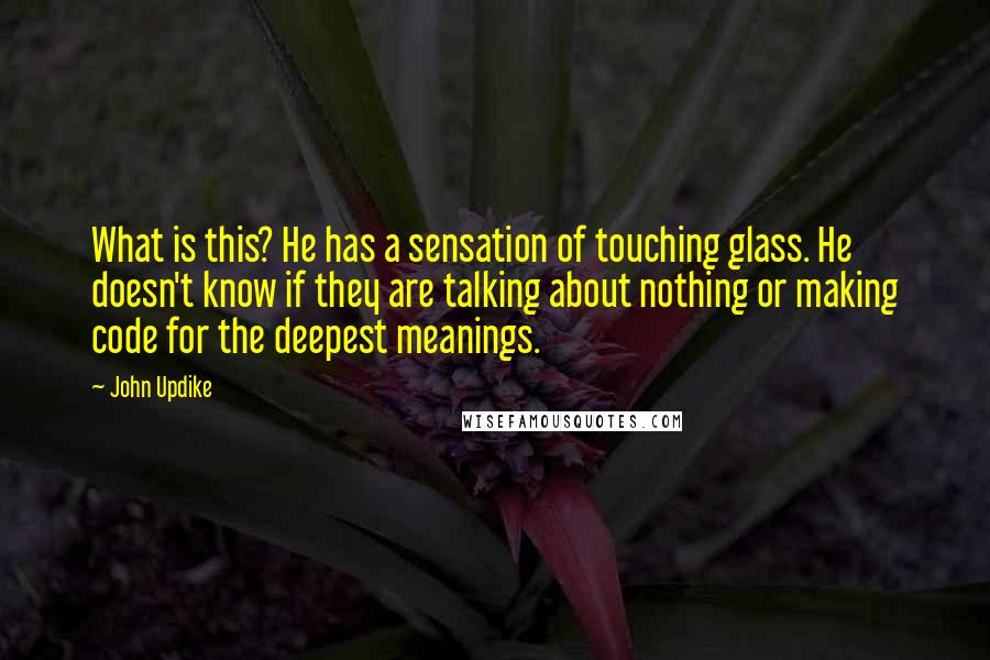 John Updike Quotes: What is this? He has a sensation of touching glass. He doesn't know if they are talking about nothing or making code for the deepest meanings.